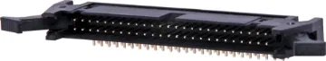 50 Pin Right Angle PCB Mount Locking Header Contact Resistance: 30M Ohm max @ 100mA DC
Insulator Resistance: 1000M Ohm @ 500V DC
Current Rating: 1 A
Contact Material: Gold plated brass
Housing: PBT & 30% Glass Fibre
