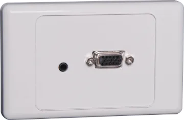 VGA + 3.5mm audio Wallplate Dual Cover - Plug Connections Plug Connection Type VGA Plates are designed for use with premade VGA cables, reducing on-site installation time. No cable termination required! Wallplate fitted with HD9 female VGA connector & 3.5mm audio on the front and rear of wallplate. Also fitted w
