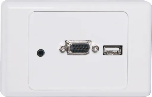 Wallplate fitted with VGA, 3.5mm audio &amp USB connector. Rear connections are via screw terminals. Supplied with two facia covers to suit your decor.