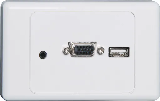 Wallplate fitted with VGA, 3.5mm audio &amp USB connector. Rear connections are via back to back plugs. Supplied with two facia covers to suit your decor.