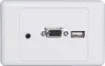 Wallplate fitted with VGA, 3.5mm audio &amp USB connector. Rear connections are via back to back plugs. Supplied with two facia covers to suit your decor.