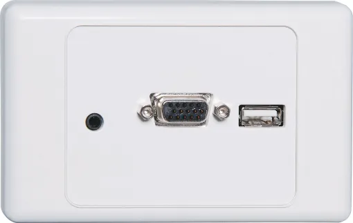 Wallplate fitted with VGA, 3.5mm audio &amp USB connector. Rear connections are via back to back plugs. Supplied with two facia covers to suit your decor.