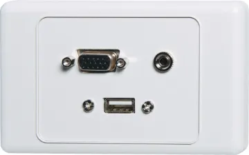 VGA 3.5mm USB Type A Wallplate - with Fly Leads Flylead Wallplate fitted with VGA, 3.5mm audio & USB Type A. Supplied with two facia covers to suit your decor.