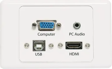 HDMI, VGA, 3.5mm, USB type B Wallplate Flyleads  Flylead Wallplate fitted with VGA, HDMI, 3.5mm audio & USB Type B. Supplied with two facia covers to suit your decor.