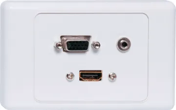 HDMI VGA, 3.5mm, Wallplate Flyleads and terminal Flylead Wallplate fitted with VGA, HDMI and 3.5mm audio. Supplied with two facia covers to suit your decor.