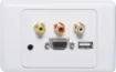 Flylead Wallplate fitted with HD9 female VGA, 3.5mm audio, three RCA connections &amp USB Type A. Supplied with two facia covers to suit your decor.
