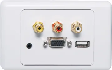 VGA 3.5mm USB A Wallplate Screw Connect Flylead Wallplate fitted with HD9 female VGA, 3.5mm audio, three RCA connections & USB Type A. Supplied with two facia covers to suit your decor.