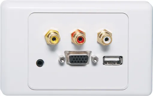 Flylead Wallplate fitted with HD9 female VGA, 3.5mm audio, three RCA connections &amp USB Type A. Supplied with two facia covers to suit your decor.