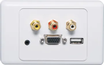 VGA 3.5mm USB A Wallplate - Thru Connect Flylead Wallplate fitted with HD9 female VGA, 3.5mm audio, three RCA connections & USB Type A. Supplied with two facia covers to suit your decor.