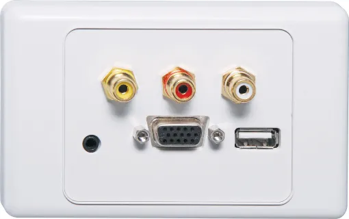 Flylead Wallplate fitted with HD9 female VGA, 3.5mm audio, three RCA connections &amp USB Type A. Supplied with two facia covers to suit your decor.