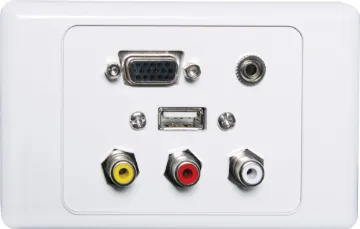 VGA 3.5mm USB A and RCA Wallplate Flyleads Flylead Wallplate fitted with HD9 female VGA, 3.5mm audio, three RCA connections & USB Type A. Supplied with two facia covers to suit your decor.