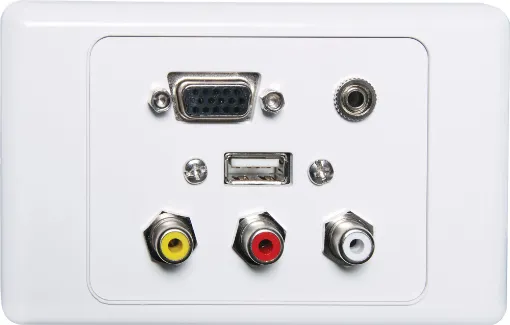 Flylead Wallplate fitted with HD9 female VGA, 3.5mm audio, three RCA connections &amp USB Type A. Supplied with two facia covers to suit your decor.
