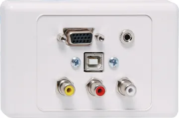 VGA 3.5mm USB B and RCA Wallplate Flyleads Flylead Wallplate fitted with HD9 female VGA, 3.5mm audio, three RCA connections & USB Type B. Supplied with two facia covers to suit your decor.
