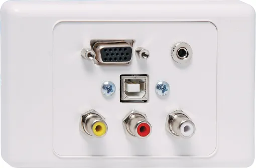 Flylead Wallplate fitted with HD9 female VGA, 3.5mm audio, three RCA connections &amp USB Type B. Supplied with two facia covers to suit your decor.