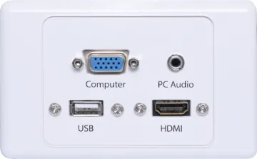 HDMI VGA, 3.5mm, USB type A Wallplate Flyleads  Flylead Wallplate fitted with HD9 female VGA, 3.5mm audio, HDMI & USB Type A. Supplied with two facia covers to suit your decor.