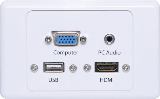 Flylead Wallplate fitted with HD9 female VGA, 3.5mm audio, HDMI &amp USB Type A. Supplied with two facia covers to suit your decor.