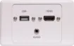 Wallplate fitted with 3.5mm Audio Jack, USB Type A & HDMI connections. 150mm fly leads on rear. Supplied with two facia covers to suit your decor. 