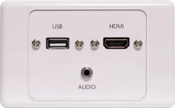 3.5mm Audio, USB Type A & HDMI Fly Lead Wallplate Wallplate fitted with 3.5mm Audio Jack, USB Type A & HDMI connections. 150mm fly leads on rear. Supplied with two facia covers to suit your decor.