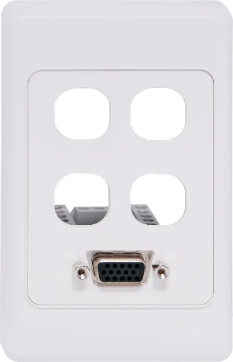 Screw Terminal Type VGA Plates are fitted with HD9 female VGA connector and 4 blank mech spaces. Includes PCB mounted terminal block connector. Supplied with two facia covers to suit your decor.