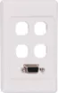 Screw Terminal Type VGA Plates are fitted with HD9 female VGA connector and 4 blank mech spaces for individual configuration. Includes PCB mounted HD9 female VGA connector for easy on-site termination. Supplied with both Clipsal and HPM Front faceplates.

