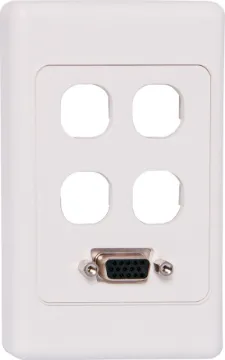 VGA with 4 x Mech Wallplate - Back to Back Screw Terminal Type VGA Plates are fitted with HD9 female VGA connector and 4 blank mech spaces for individual configuration. Includes PCB mounted HD9 female VGA connector for easy on-site termination. Supplied with both Clipsal and HPM Front faceplates.