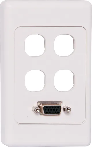 Screw Terminal Type VGA Plates are fitted with HD9 female VGA connector and 4 blank mech spaces for individual configuration. Includes PCB mounted HD9 female VGA connector for easy on-site termination. Supplied with both Clipsal and HPM Front faceplates.
