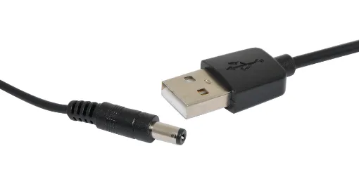 A black 1m lead with a 2.1mm DC plug to a USB type 'A' plug. Suitable for powering 5V devices. 