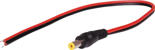 A pigtail 2.1mm DC power jack with bare ends for connection to a power source. Ideal for powering DC devices from batteries. Tip positive. 30cm.