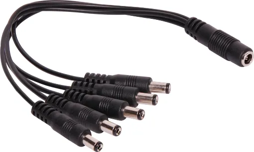A black 200mm, 2.1mm DC Lead consisting of a socket to 5 plugs.