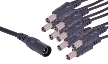 0.36m 2.1mm DC Socket to 8 x DC Plug Cable A black 360mm, 2.1mm DC Lead consisting of a socket to 8 plugs.