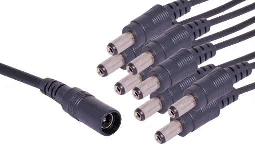 A black 360mm, 2.1mm DC Lead consisting of a socket to 8 plugs.