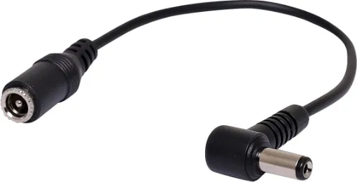 2.1mm Socket to 2.1mm right angle (90°) plug cable. Allows you to connect power to equipment with limited rear space behind equipment. Minimises cable strain and plug damage in tight spaces.