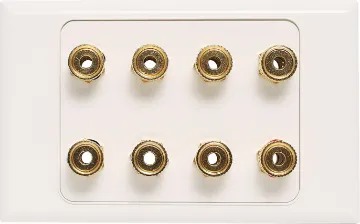 8 x Binding Post Speaker Wallplate Wall plate with high quality gold plated binding posts.
Accepts either banana plugs or bare wire.
Supplied with dual covers.