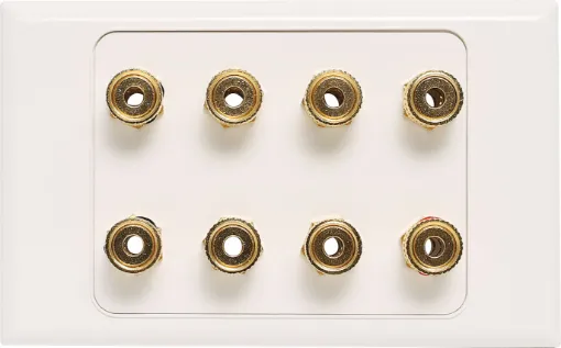 Wall plate with high quality gold plated binding posts.
Accepts either banana plugs or bare wire.
Supplied with dual covers.