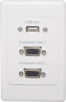 2 x VGA USB Output Flylead Connection Wallplate Plug Connection Type VGA Plates are designed for use with premade VGA cables, reducing on-site installation time. No cable termination required! Wallplate fitted with 2 x HD9 female VGA connector & USB type A on the front panel and rear flyleads. 
VGA