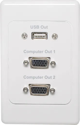 Plug Connection Type VGA Plates are designed for use with premade VGA cables, reducing on-site installation time. No cable termination required! Wallplate fitted with 2 x HD9 female VGA connector & USB type A on the front panel and rear flyleads. 

VGA 