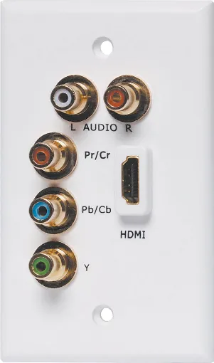 Combination of component RCA, stereo audio and HDMI connectors on a custom single gang wallplate. All connections are 'back to back' plugs for easy on-site connection.
