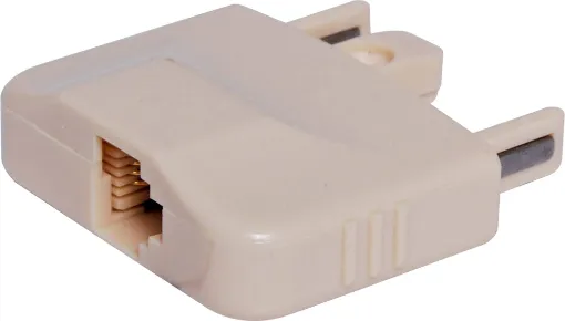 Converts the modern RJ12 clear modular plug connectors into the old style IVO 606M4 plugs for older homes that still have this style of wall socket.