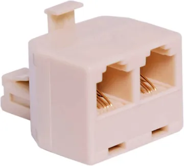RJ14 Plug to 2 x RJ14 Sockets 6P4C Telephone Adapter Two devices with modular plugs can be connected to one modular socket using these modular double adaptors. Wiring configuration is straight-thru.
