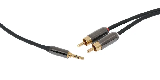 3.5mm Stereo Plug to 2 RCA Male Lead, 1m. Diecast connector bodies, gold plated contacts.