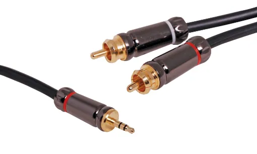 3.5mm Stereo Plug to 2 RCA Male Lead, 3m. Diecast connector bodies, gold plated contacts.