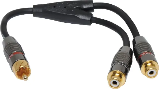 Male RCA to Dual RCA Female Lead, 0.2m. Diecast connector bodies, gold plated contacts.