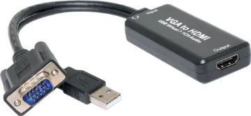 VGA To HDMI And 3.5mm Stereo Audio Converter Converts VGA signal to HDMI. Ideal for connecting VGA equipment to modern HDMI monitors & televisions. Supports virtual 7.1ch audio over HDMI or 3.5mm stereo output.
