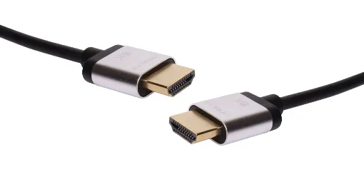 HDMI male to HDMI male cable. Skinny low profile plugs and ultra-slim cable. These leads provide a better fit for crowded connection panels and are ideal to take ‘on the go’ with your laptop. Capable of 4K @ 120hz and 8K @ 60hz with 32 channels of audio.
