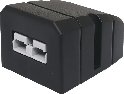 This Anderson style connector features an enclosure for surface mounting on vehicle cabinets or bodywork.