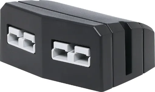 This Anderson style connector features an enclosure for surface mounting on vehicle cabinets or bodywork.