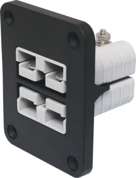 Panel Mount Dual Anderson Style SB50 Connector This Anderson style connector features an enclosure for panel mounting on vehicle cabinets or bodywork.