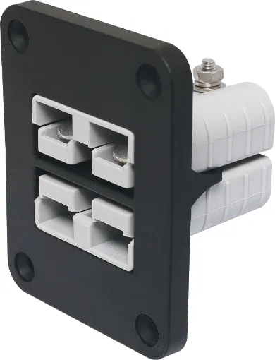This Anderson style connector features an enclosure for panel mounting on vehicle cabinets or bodywork.
