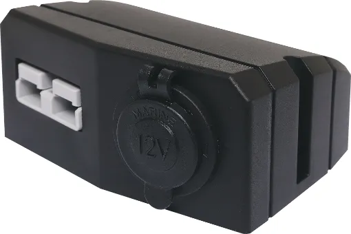 This Anderson style connector features an enclosure for surface mounting on vehicle cabinets or bodywork.