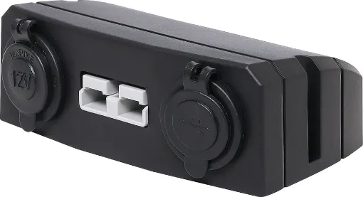 This Anderson Style connector features an enclosure for surface mounting on vehicle cabinets or bodywork. 